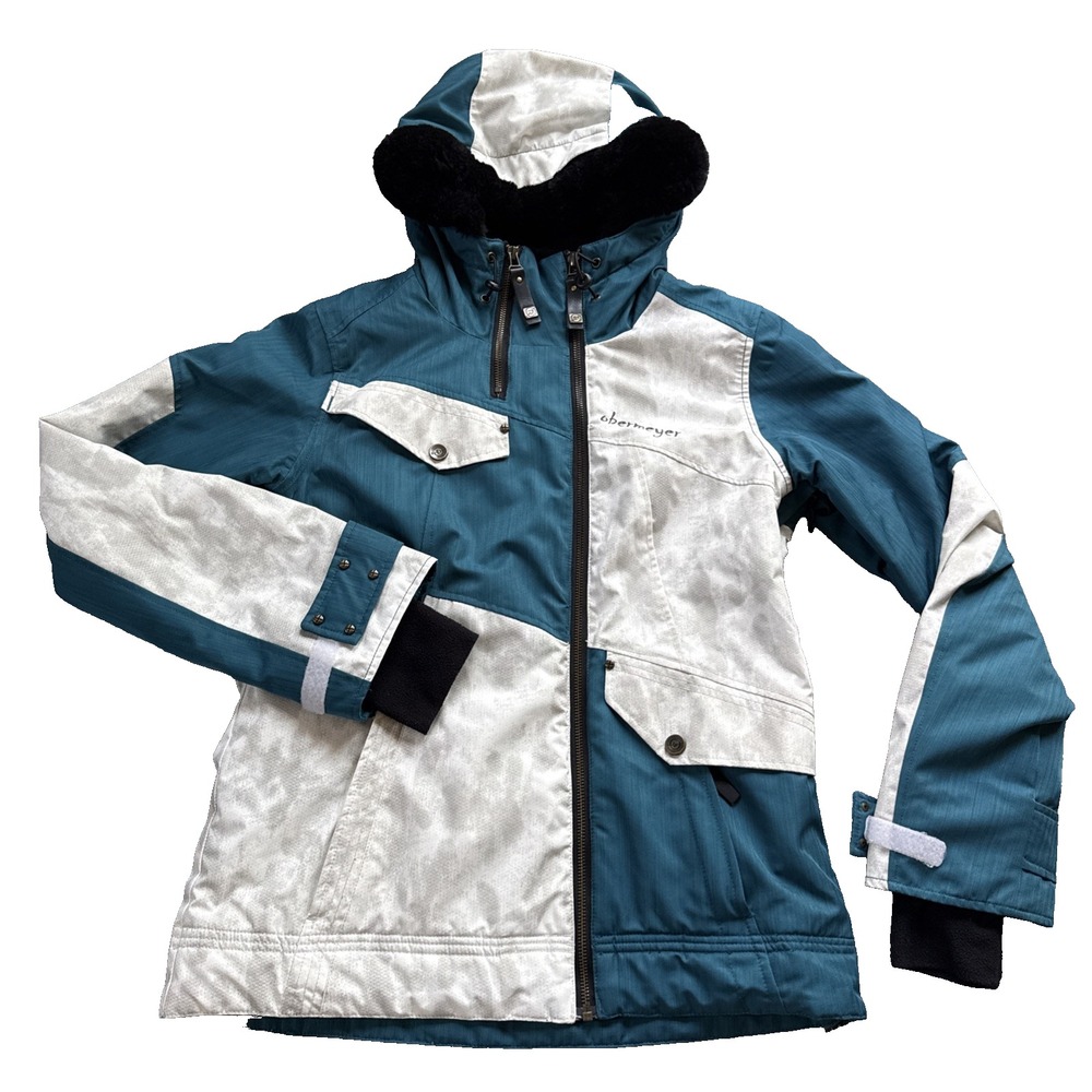 Obermeyer Sara Ski Jacket Women 4 Blue White Snowboard Faux Fur Hood Insulated